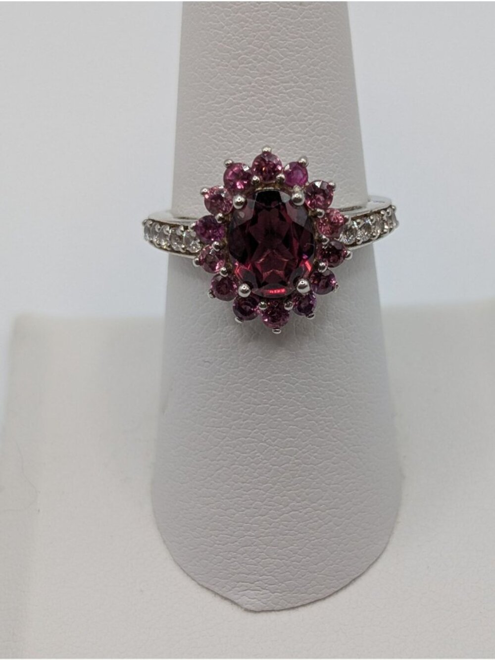 Tanzanian Wine Garnet & CZ Sunburst Ring Size 7 Platinum over Sterling Silver